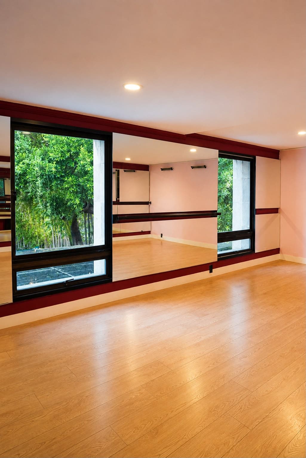 Salón con barras y espejos en Bloom Balance
